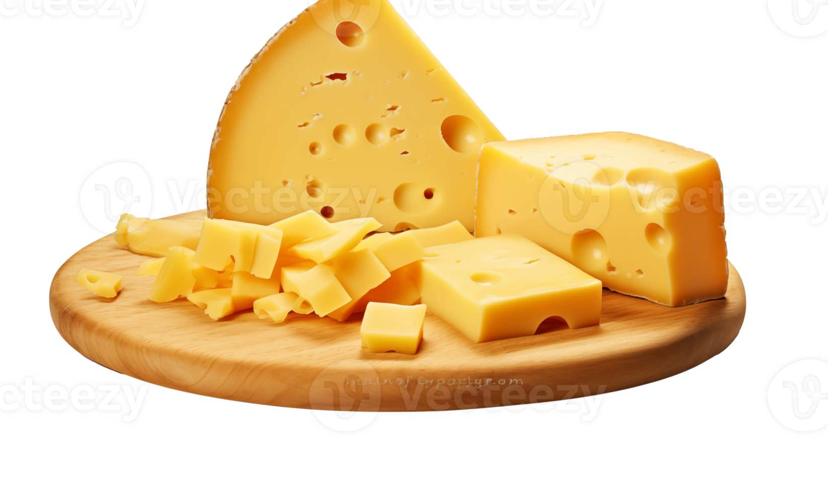 Cheese collection, piece of yellow cheese on wooden board isolated on transparent background. png
