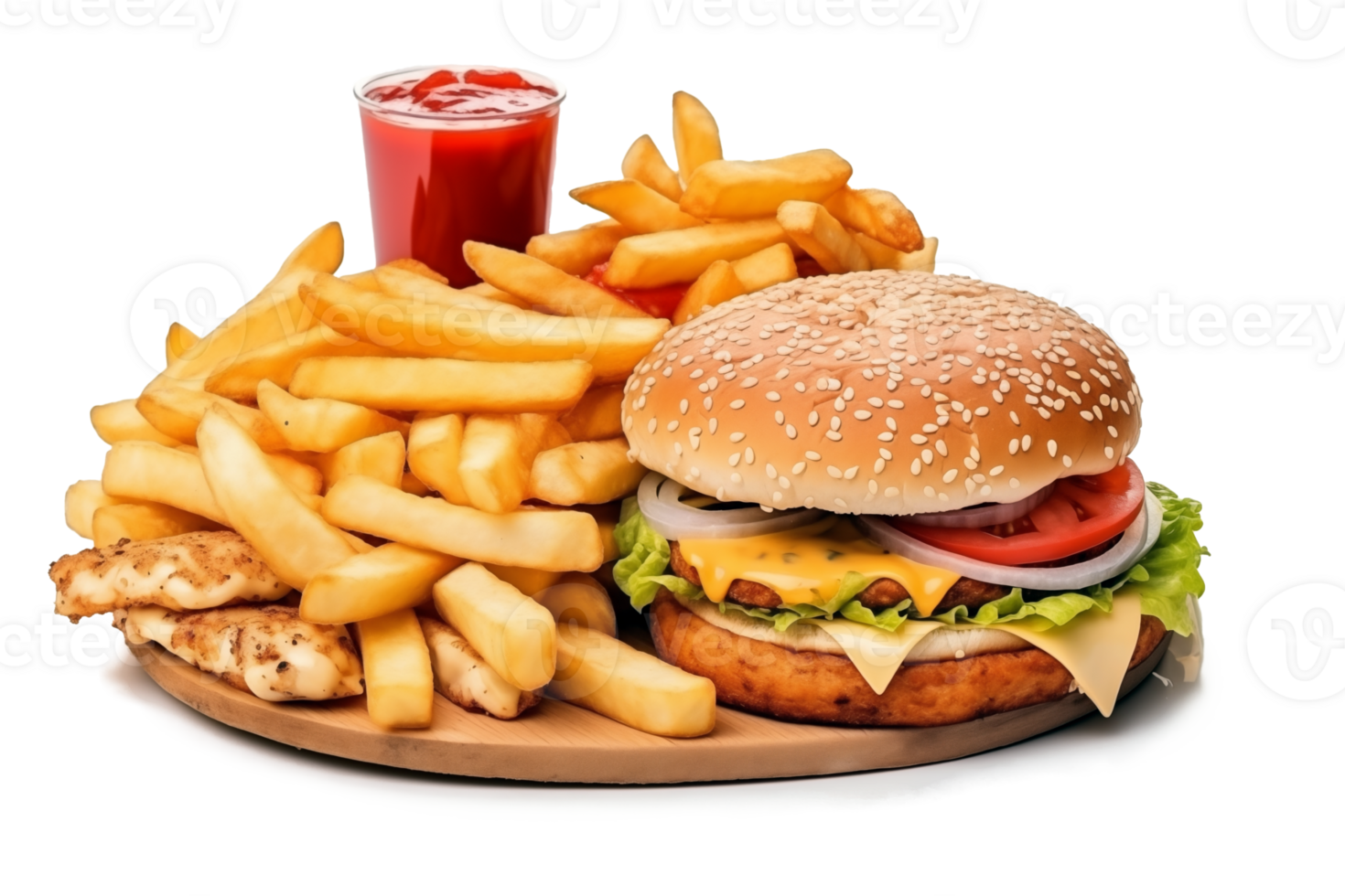 Hamburger with french fries and ketchup isolated on transparent background. png