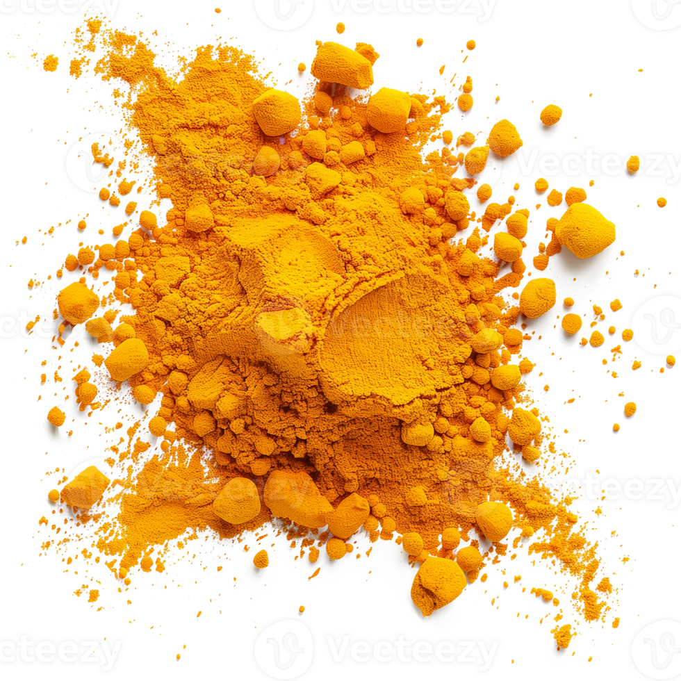 Turmeric powder isolated on transparent background. Top view. Flat lay. png