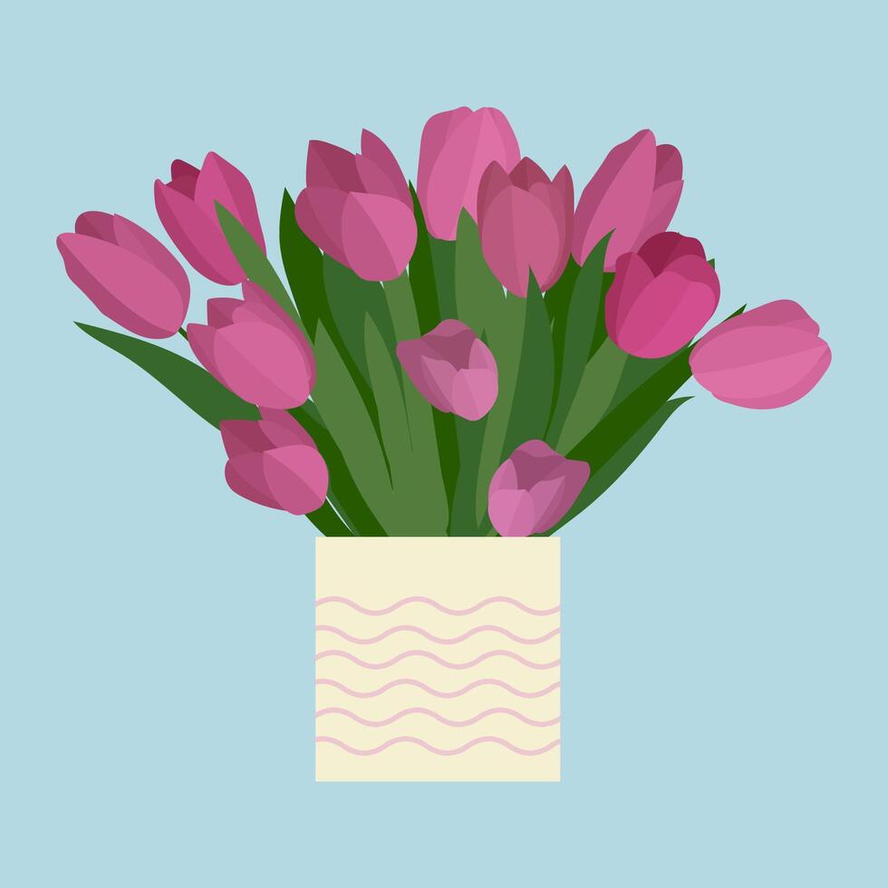 Beauty minimalist aesthetic blooming pink red tulip flower in white pot. illustration design for interior element design vector