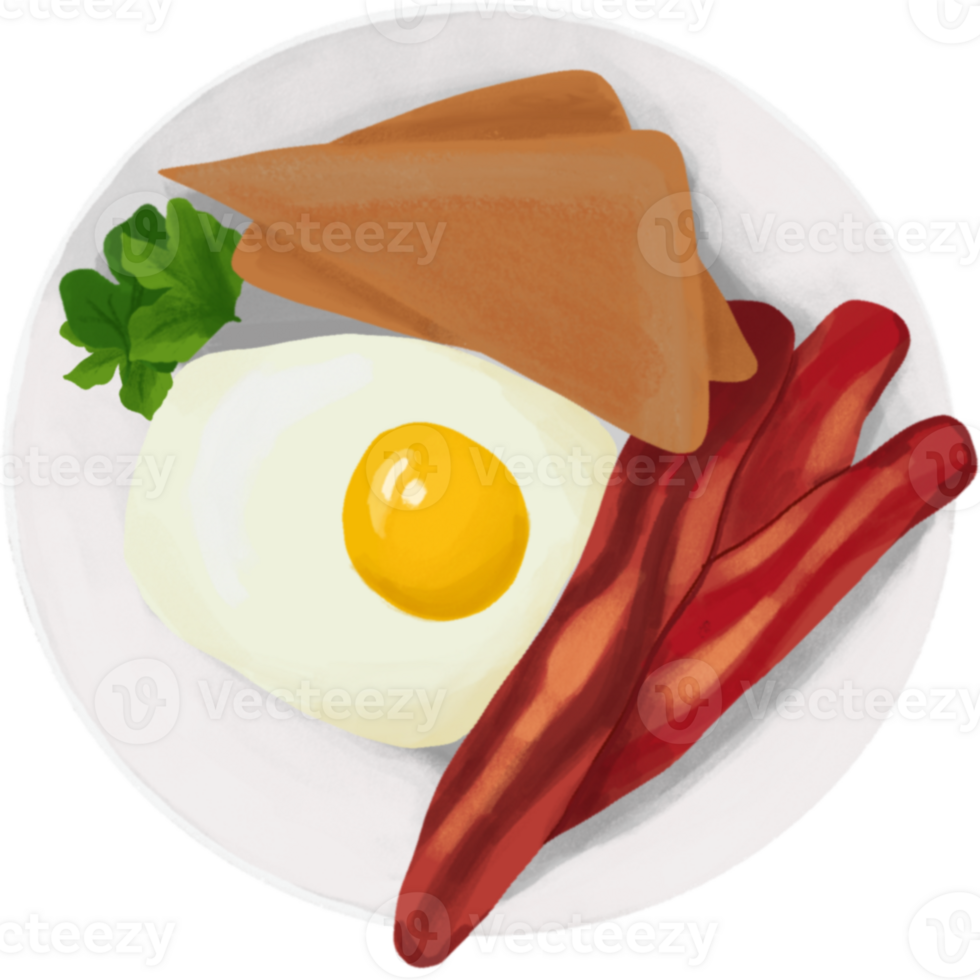 A plate with eggs, bacon, toast and a tomato png