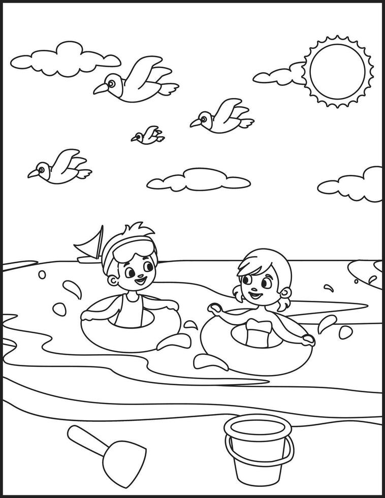 Children Swimming In the sea coloring pages vector