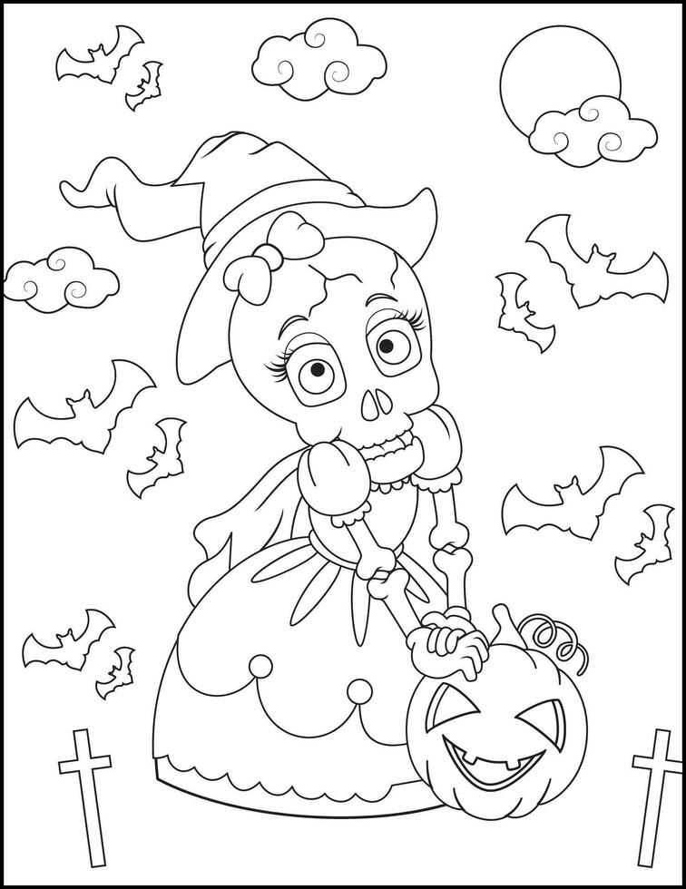 Cute cartoon girl in a Halloween witch coloring page vector
