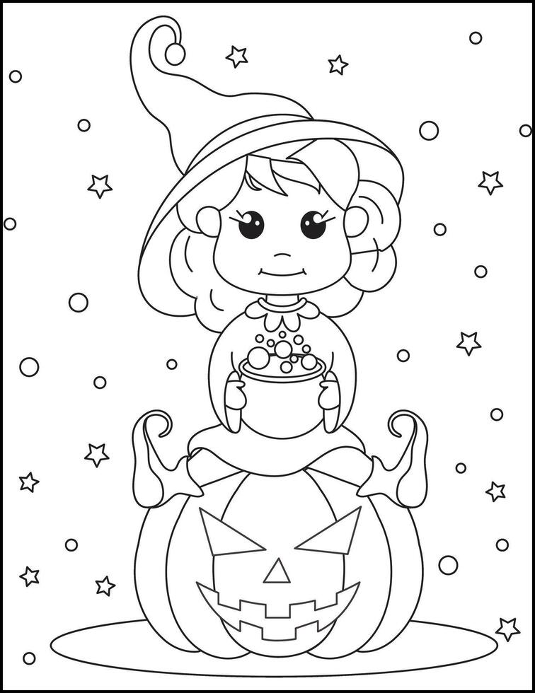 Coloring book for children. Cute witch on a broom. holiday Halloween coloring page vector