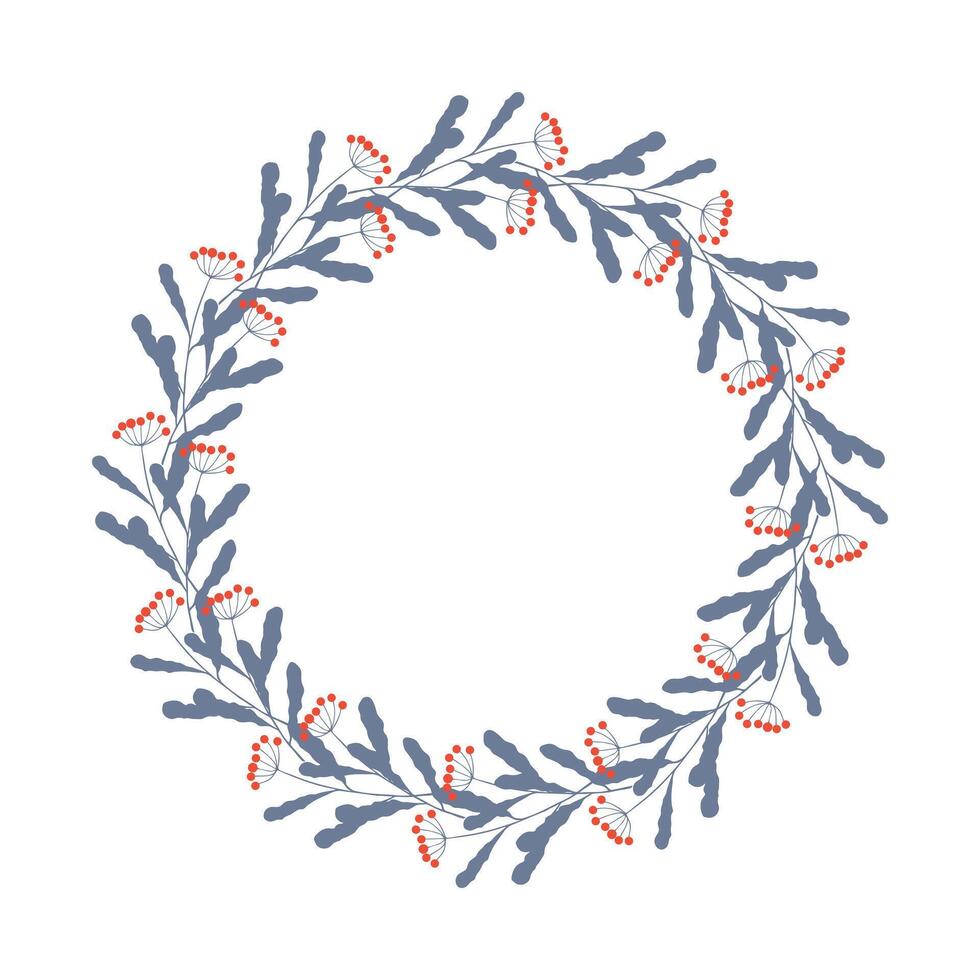 Decorative winter cold floral wreath design featuring twigs and berry arranged in circular pattern against white background. vector