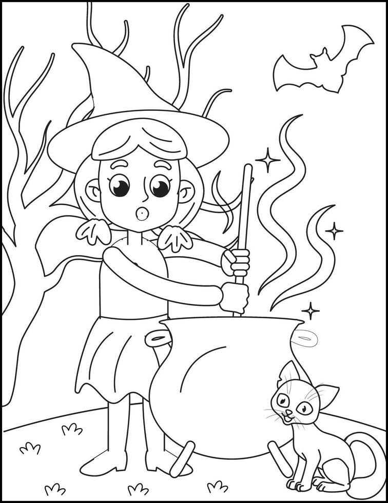 Cute witch making magic poison with cat Halloween coloring page coloring page vector
