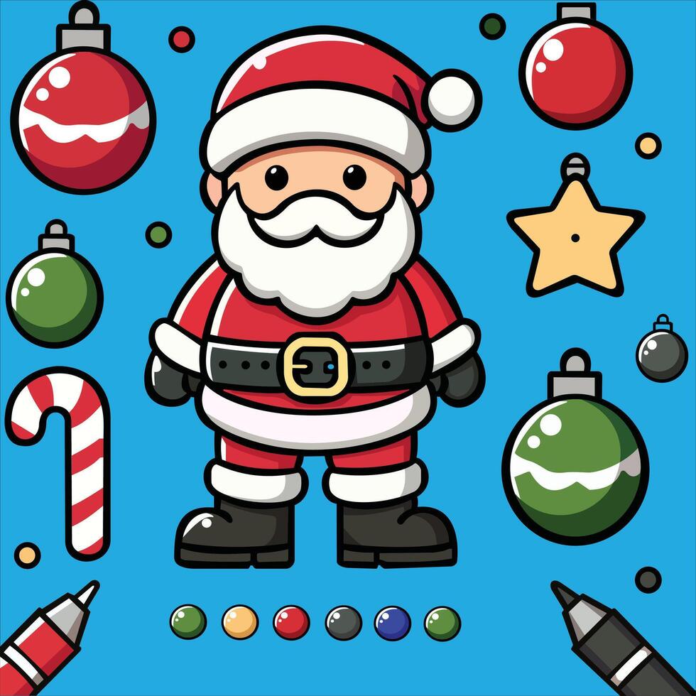 Vibrant and playful image features Santa Claus in the center, surrounded by colorful Christmas ornaments, candy canes, and a bright yellow star with blue background vector