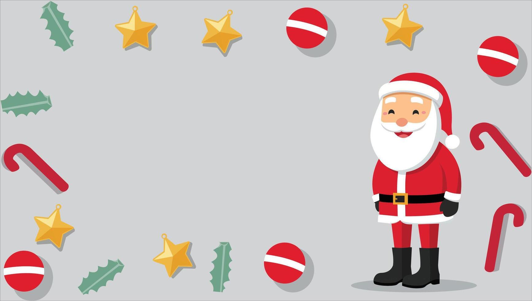 A cheerful Santa Claus standing on the right side, surrounded by Christmas-themed ornaments like candy canes, golden stars, red baubles, and holly leaves vector