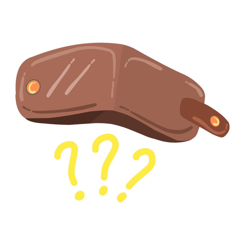 a brown wallet that was wide open, showing that it was empty. There are three yellow question marks, indicating a difficult financial situation vector