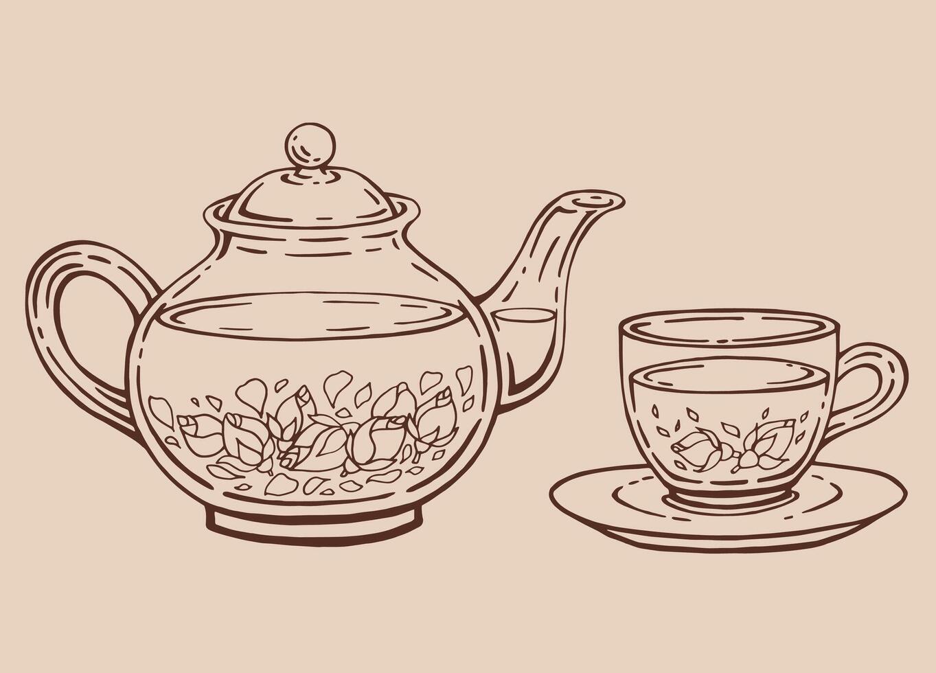 Tea set with glass teapot and cup, rose. Hand drawn illustration in outline style. vector