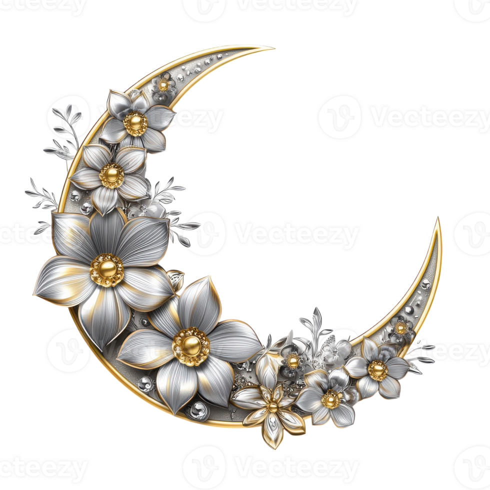 Elegant Crescent Moon with Golden and Silver Flowers for Decorative Use Transparent Background png