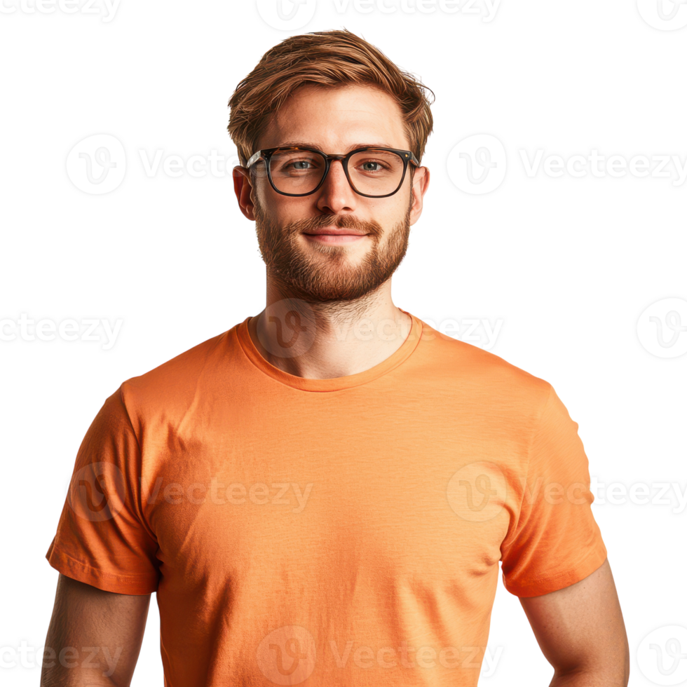A man in an orange t - shirt and glasses png
