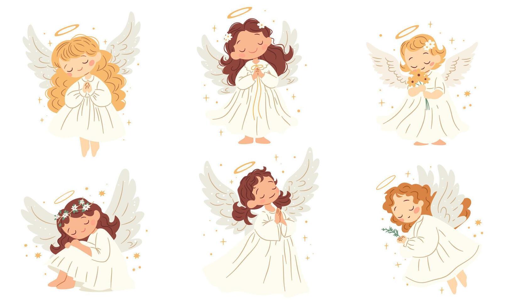 A set of cute illustrations in children's style. Cute angels on white background with wings vector