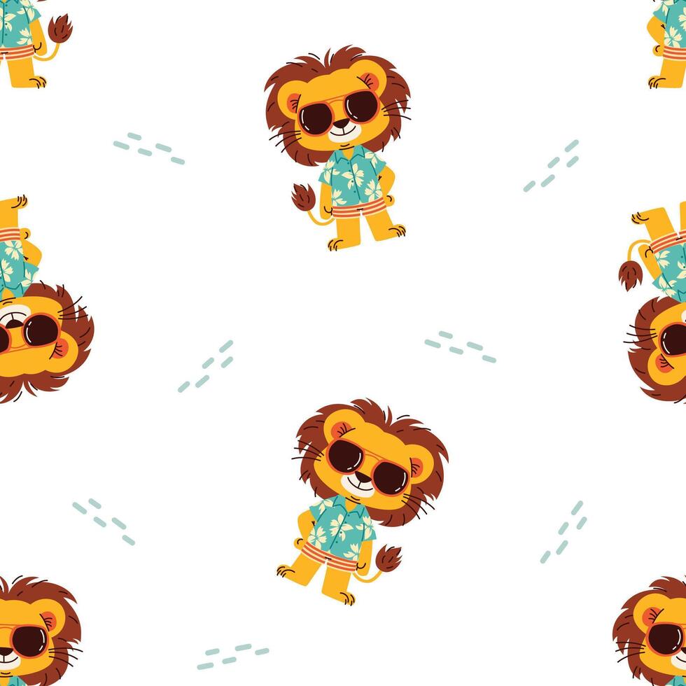 Seamless pattern with summer theme. Cute lion in summer shirt and sunglasses on white background vector