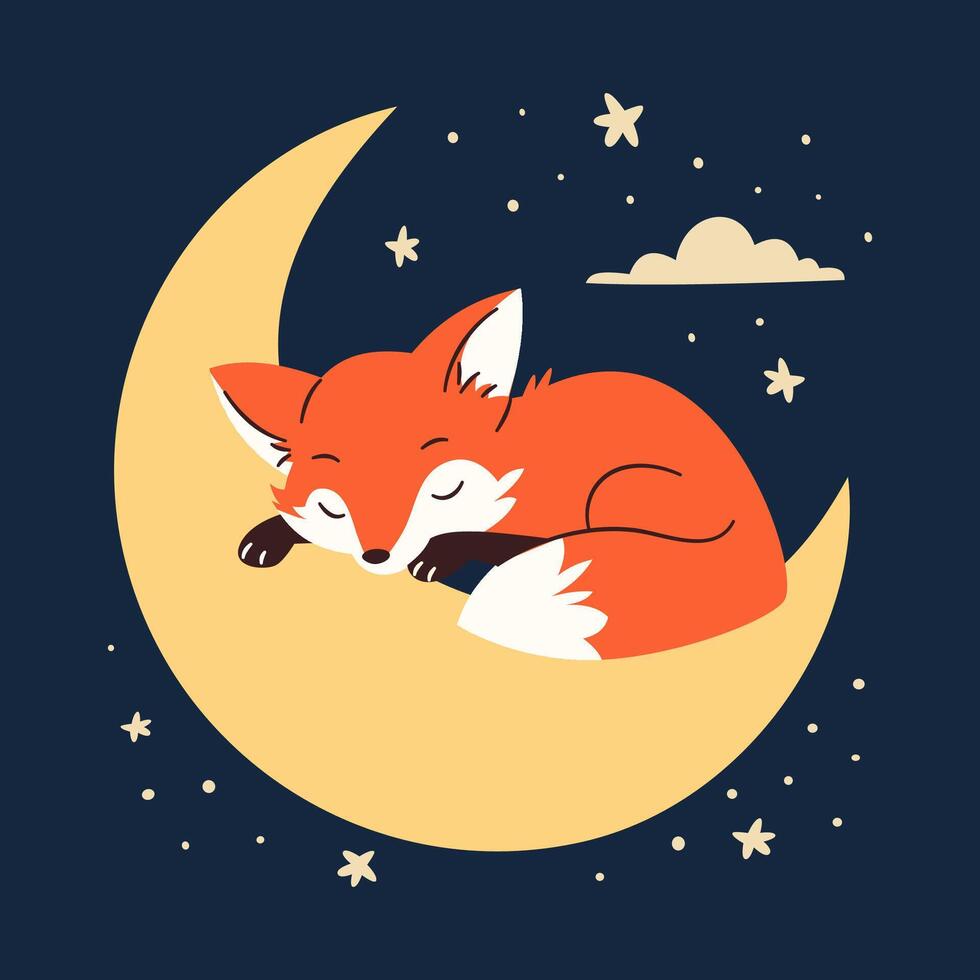 Flat illustration in children's style on dark background. Cute fox sleeping on the moon, night and stars vector