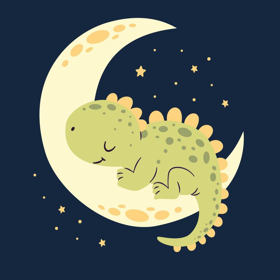 Flat illustration in children's style on dark background. Cute dinosaur sleeping on the moon, night and stars vector