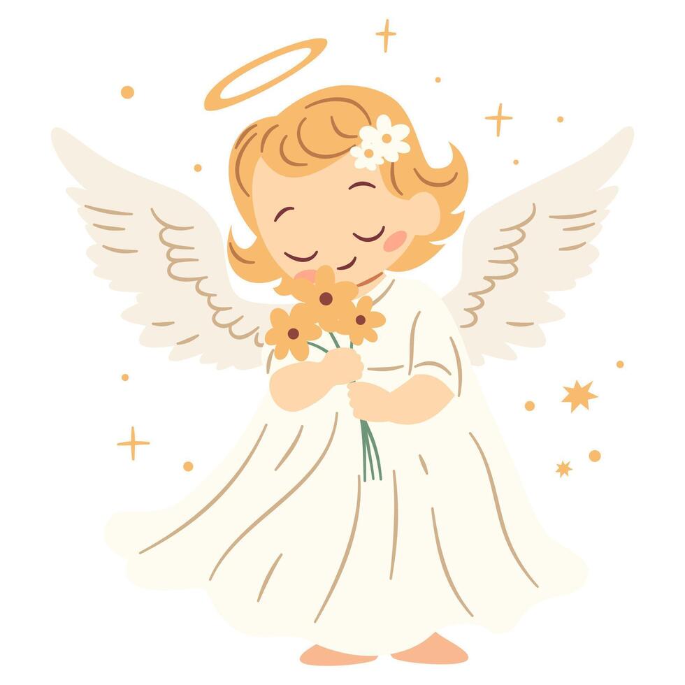 Flat illustration in children's style. Cute little angel praying. Children's illustration on white background vector
