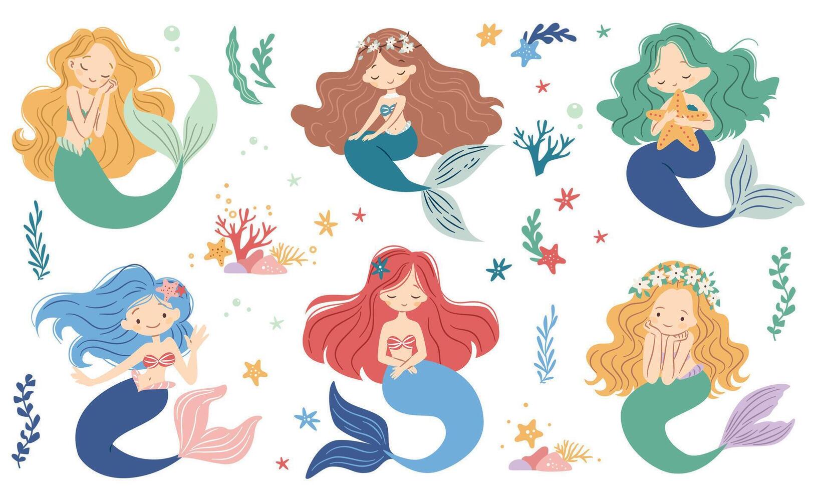 Cute set in children's style. Cute mermaids in different poses, starfish and flowers vector