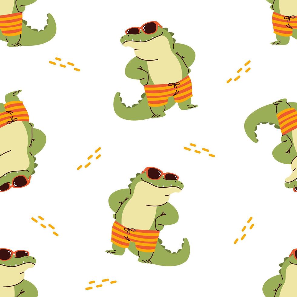 Seamless pattern with summer theme. Cute crocodile wearing sunglasses and beach shorts vector