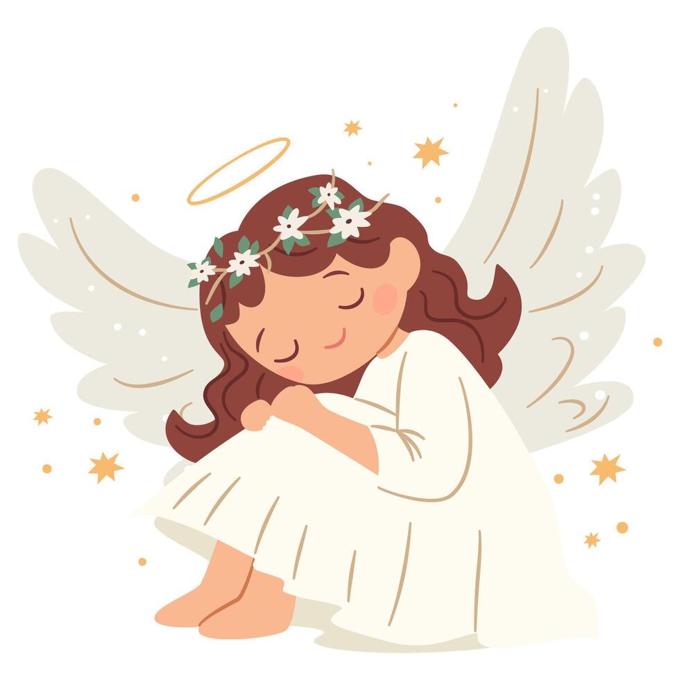 Flat illustration in children's style. Cute little angel praying. Children's illustration on white background vector