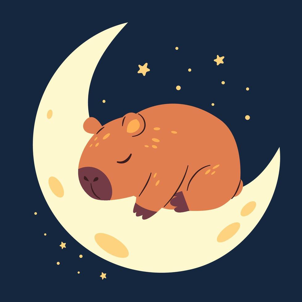 Flat illustration in children's style on dark background. Cute capybara sleeping on the moon. night and stars vector
