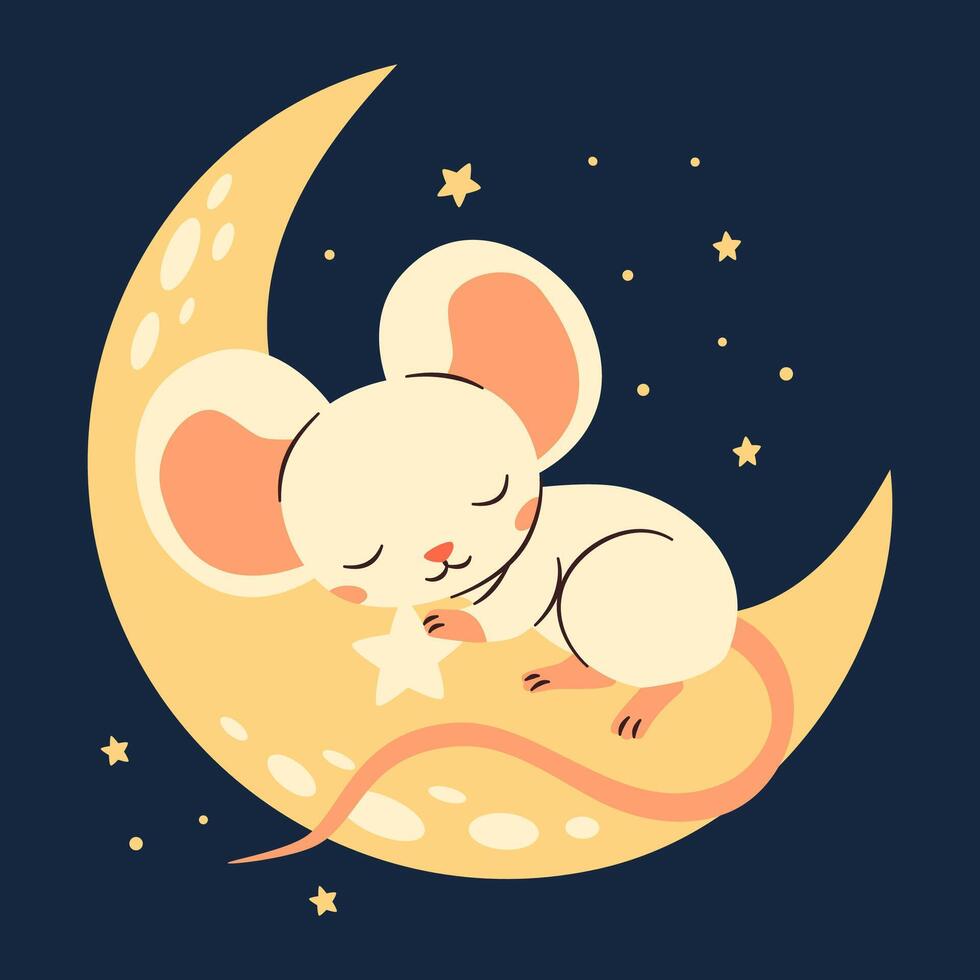 Flat illustration in children's style on dark background. Cute mouse sleeping on the moon, night and stars vector