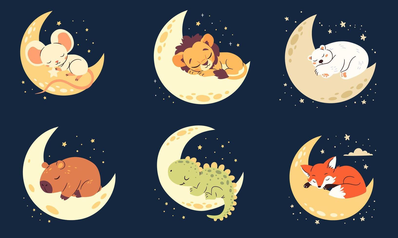 A set of cute illustrations in a childish style. Cute newborn animals sleeping on the moon, night and stars. Lion capybara fox polar bear dinosaur mouse vector