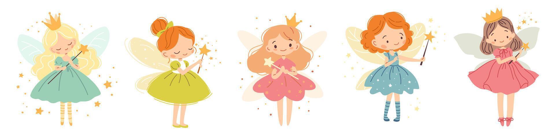 Set of flat illustrations in children's style. Cute fairies with magic wands on white background vector
