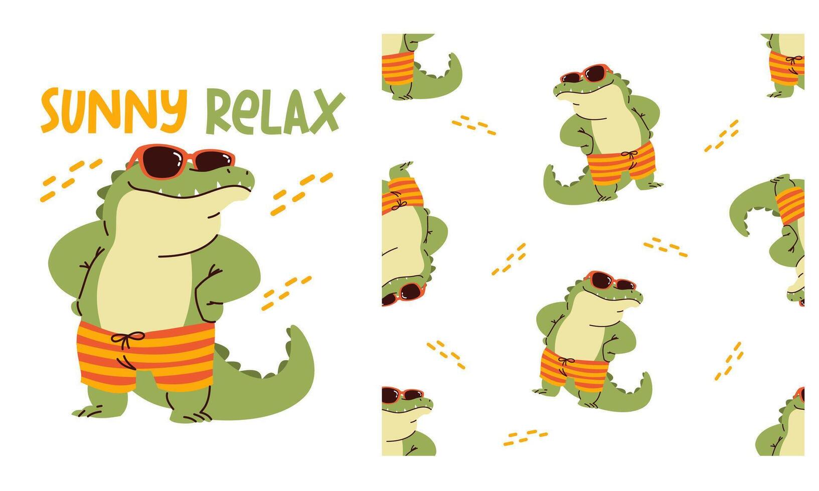 Collection of prints for printing on children's products. Cute crocodile wearing sunglasses and beach shorts. Seamless pattern, lettering vector