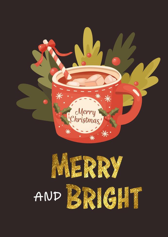 Christmas card with cocoa . Gold lettering, greeting. vector