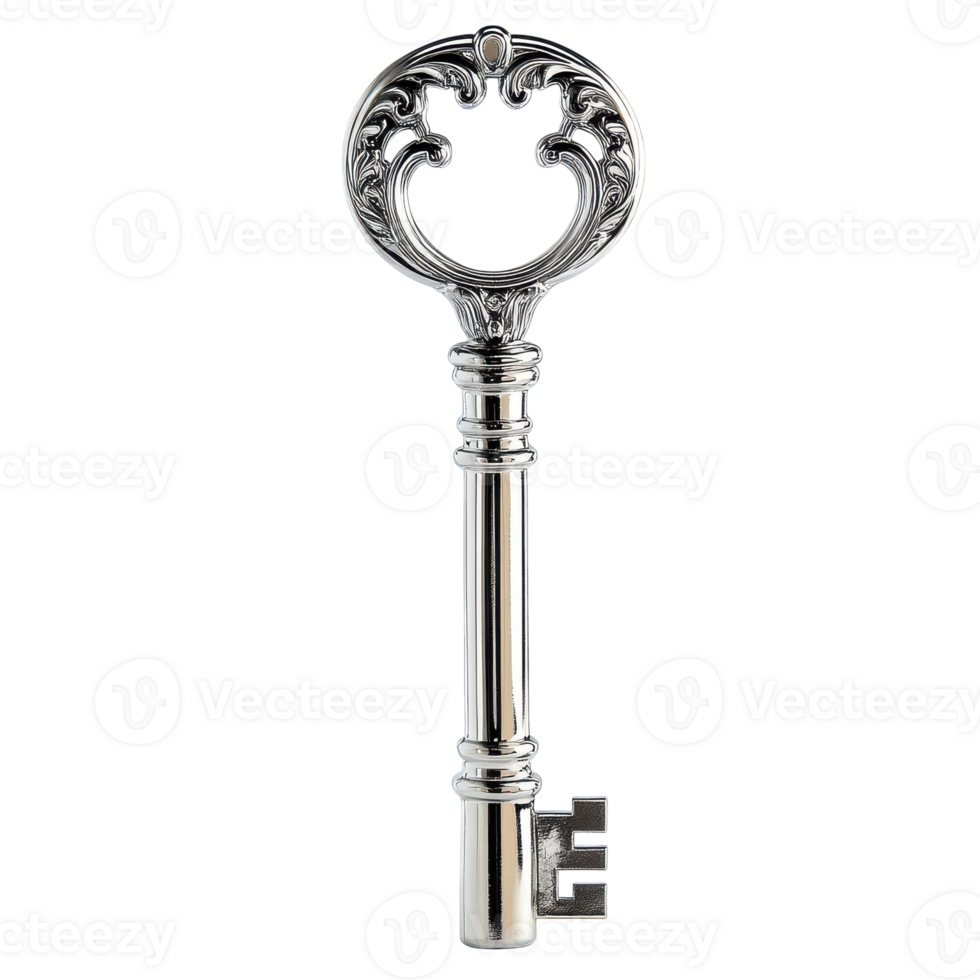Illustration of a Shiny Silver Key with Circular Handle for Security Concepts Transparent Background png