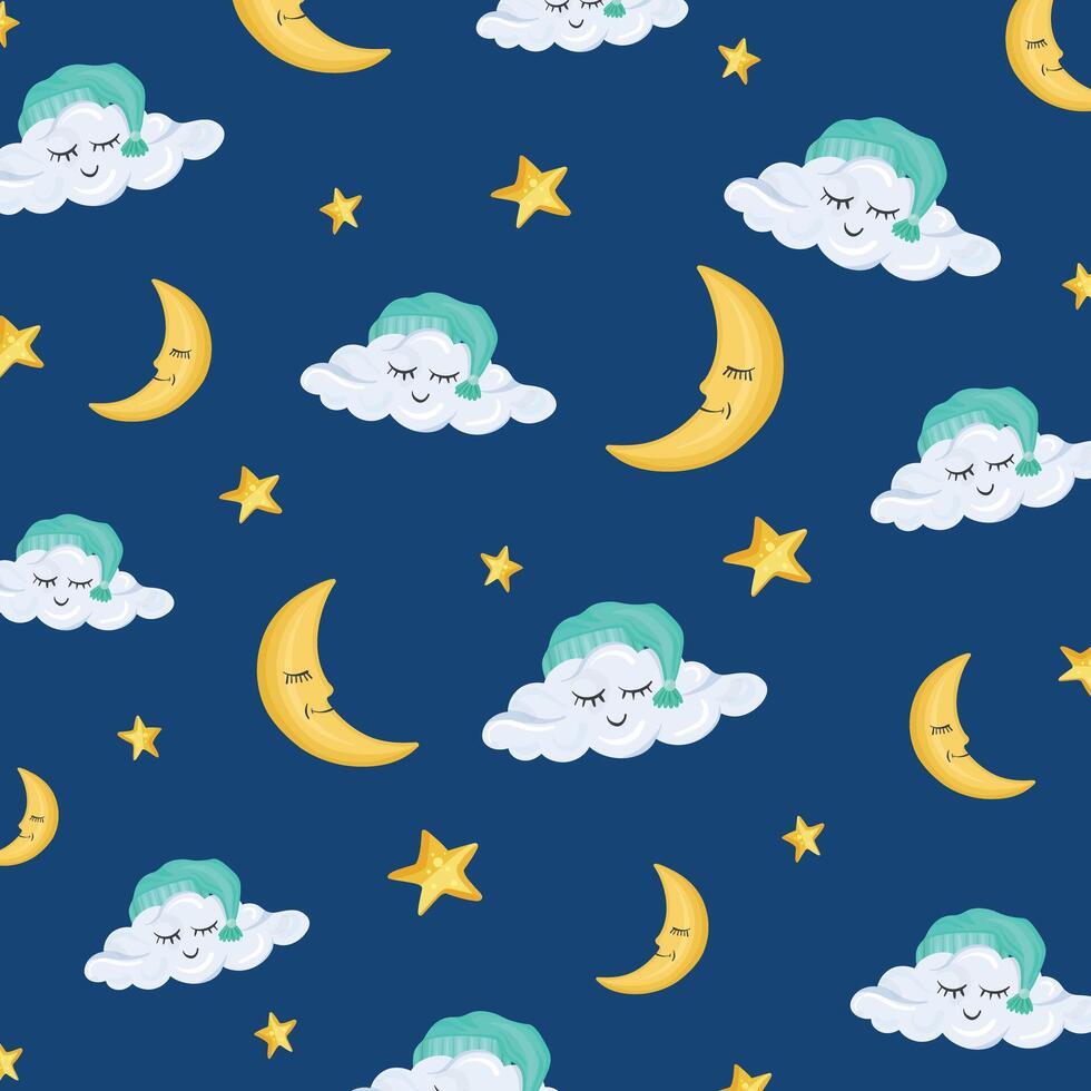Pattern with cute clouds and stars in cartoon style on the light background vector