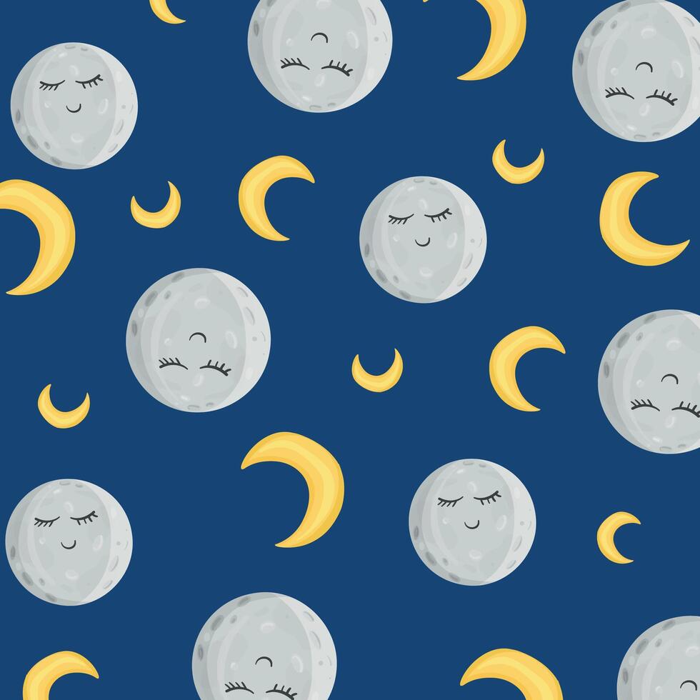 Pattern cute moons and stars on the blue sky. In cartoon style vector