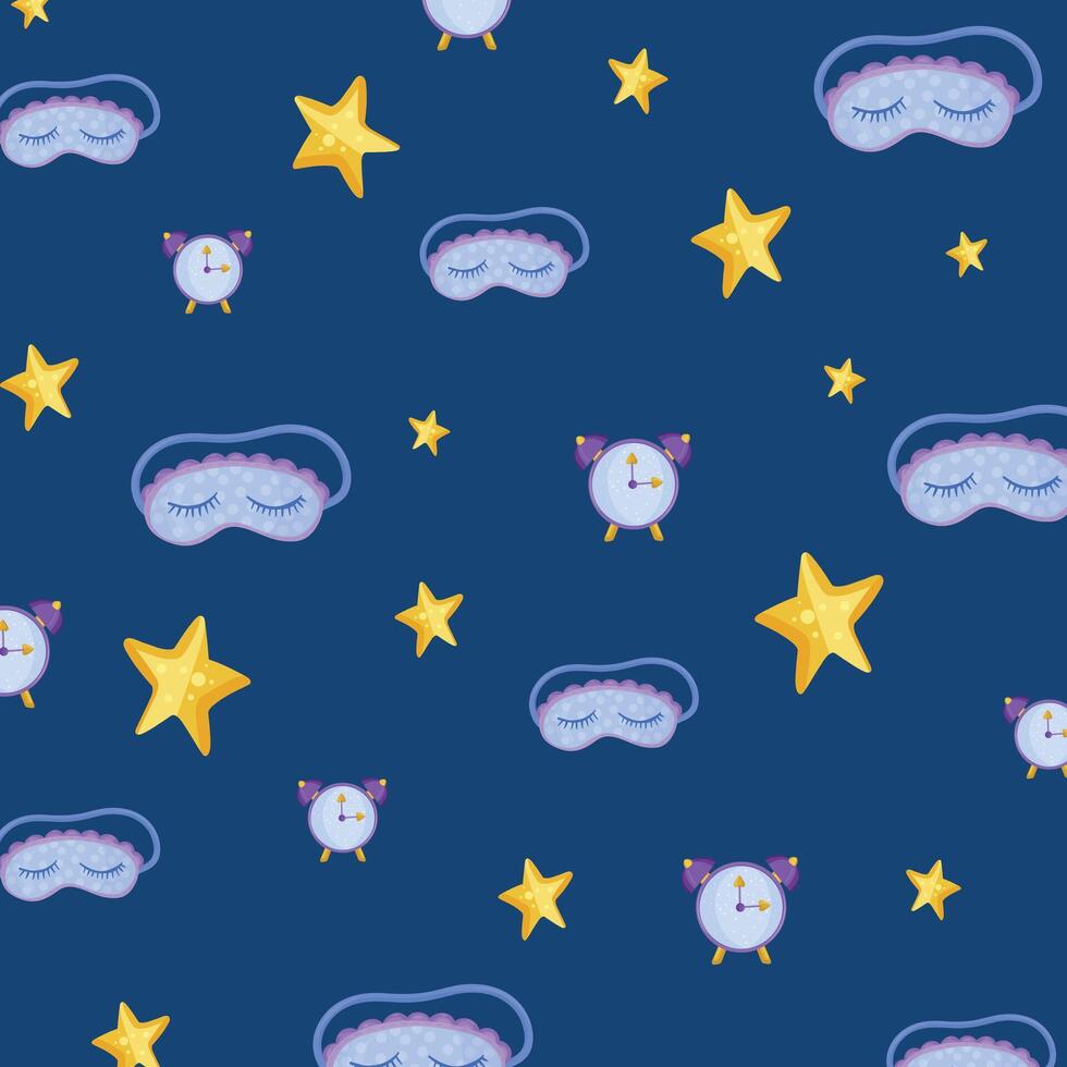 Pattern cute sleep mask, clock and stars in the cartoon style on blue background vector