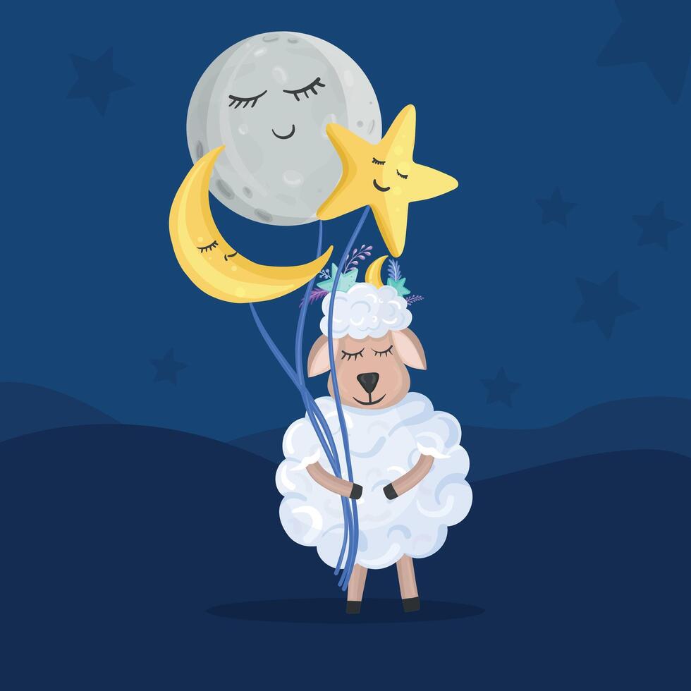 The cute sheep is holding balloons - moon and star in cartoon style. Good Night, kids' illustration. vector