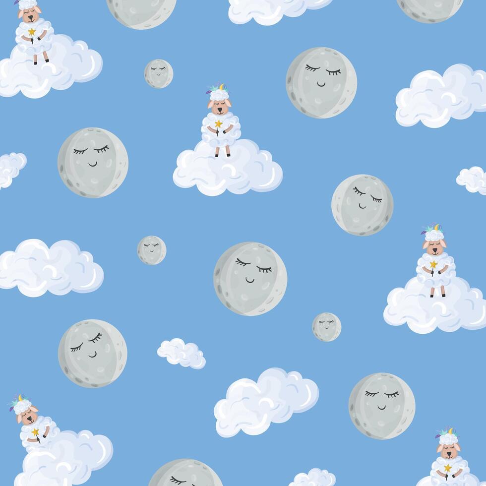 Pattern with cute sheeps and clouds on a blue background. vector