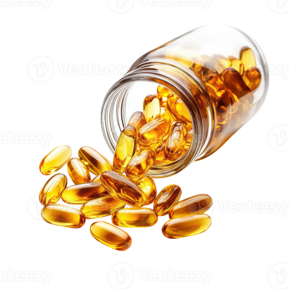 Fish Oil Capsule Spilling from Jar - Health Supplement Transparent Background png