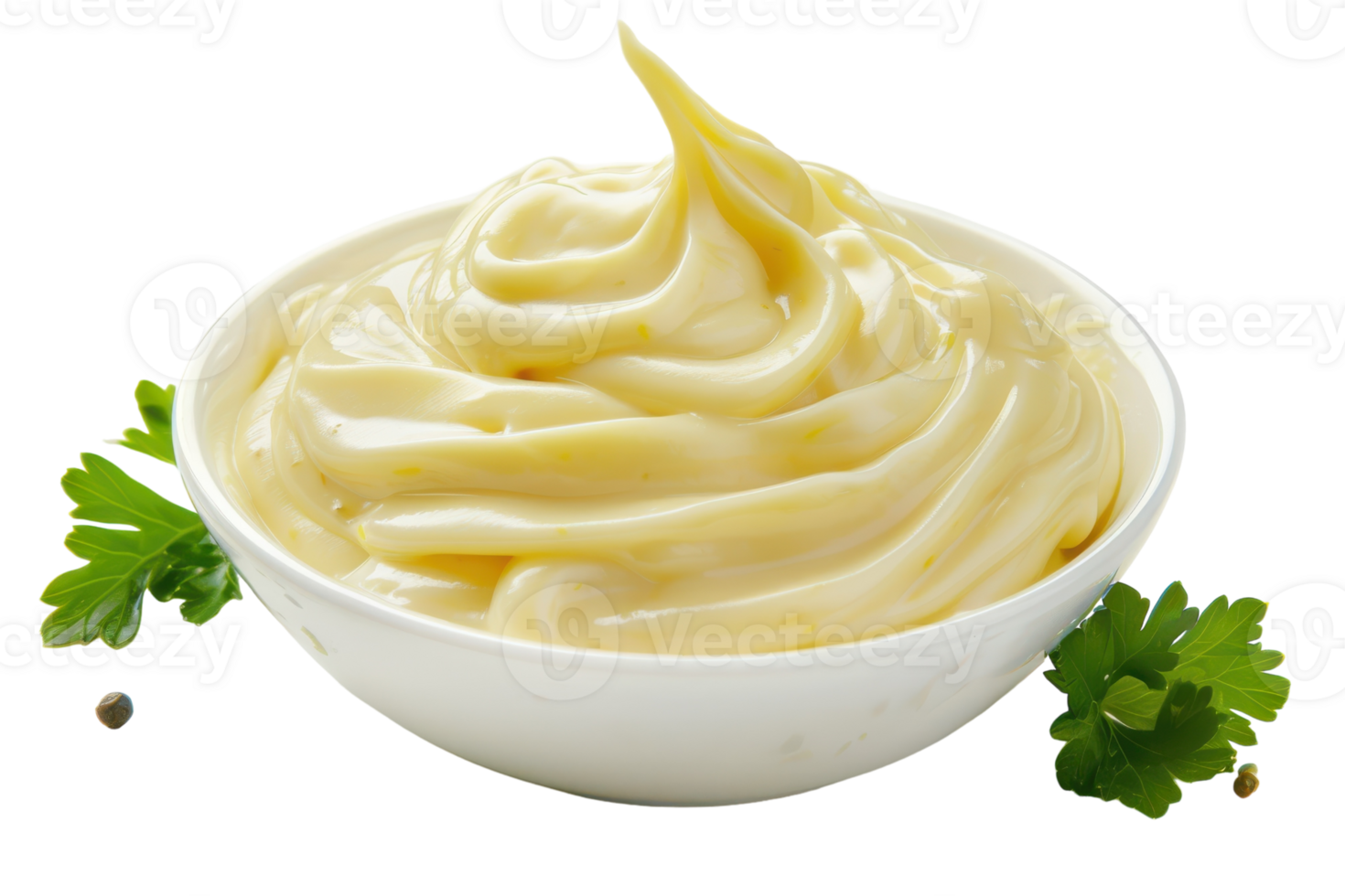 A bowl of mustard with parsley on top png