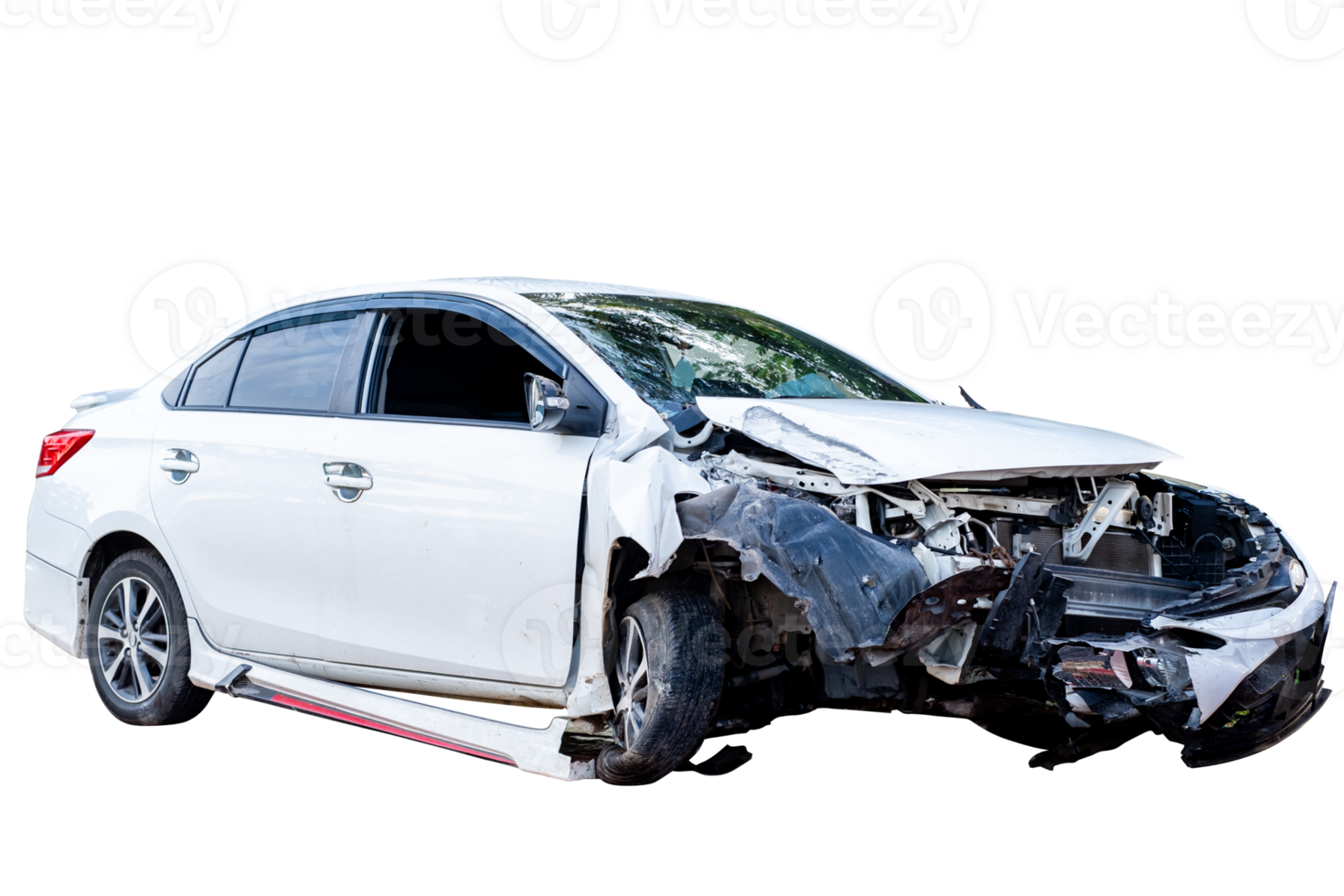 Full body front and side view of white car get damaged by accident on the road. damaged cars after collision. Isolated on transparent background, File png