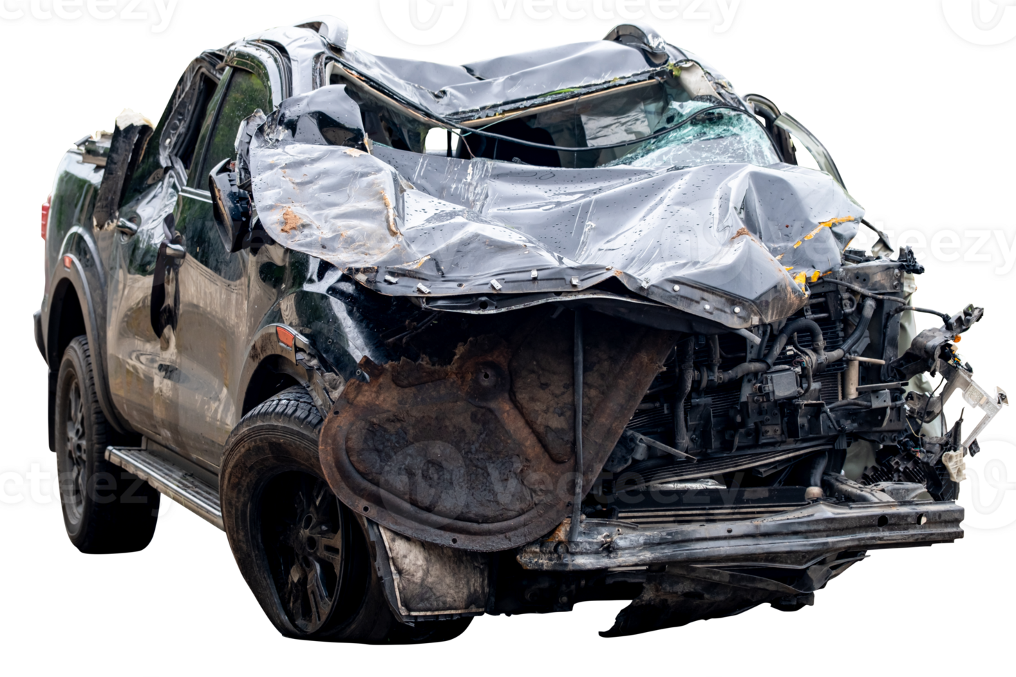 Front and side view of black pickup truck car get damaged by accident on the road. damaged cars after collision. isolated on transparent background, File png