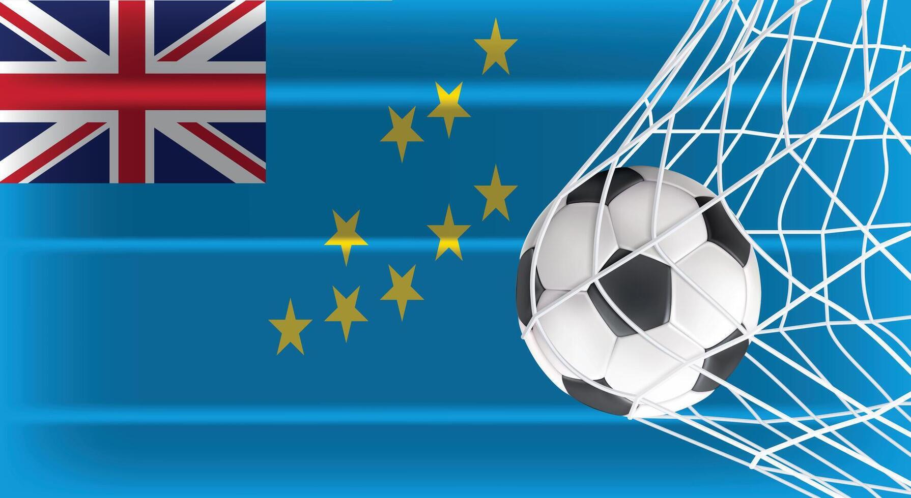 Soccer Football ball in Goal Net Isolated on Tuvalu Shaded Flag, Sports Accessory Equipment for Playing Game, Championship and Competition Design Element Realistic 3D vector