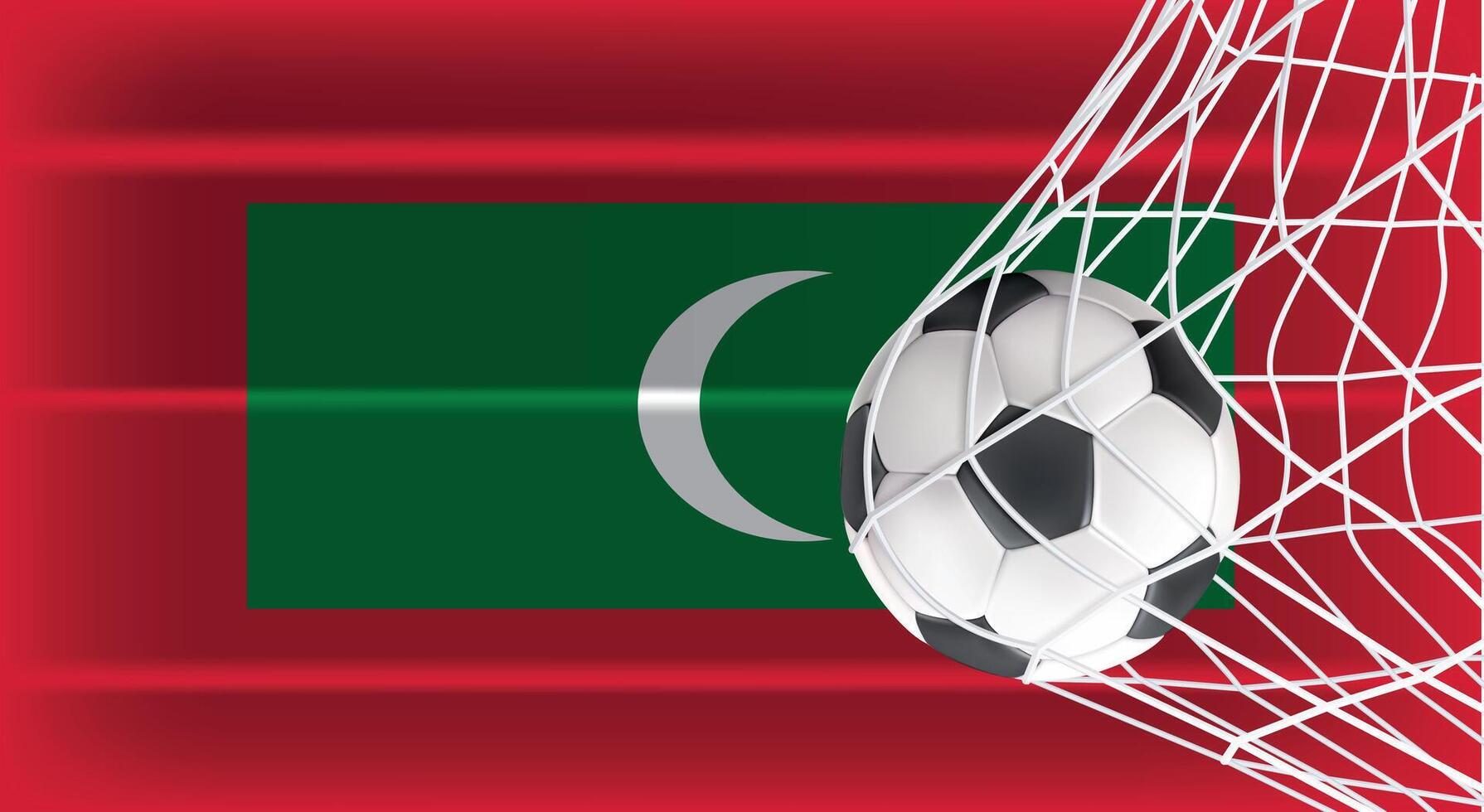 Soccer Football ball in Goal Net Isolated on Maldives Shaded Flag, Sports Accessory Equipment for Playing Game, Championship and Competition Design Element Realistic 3D vector
