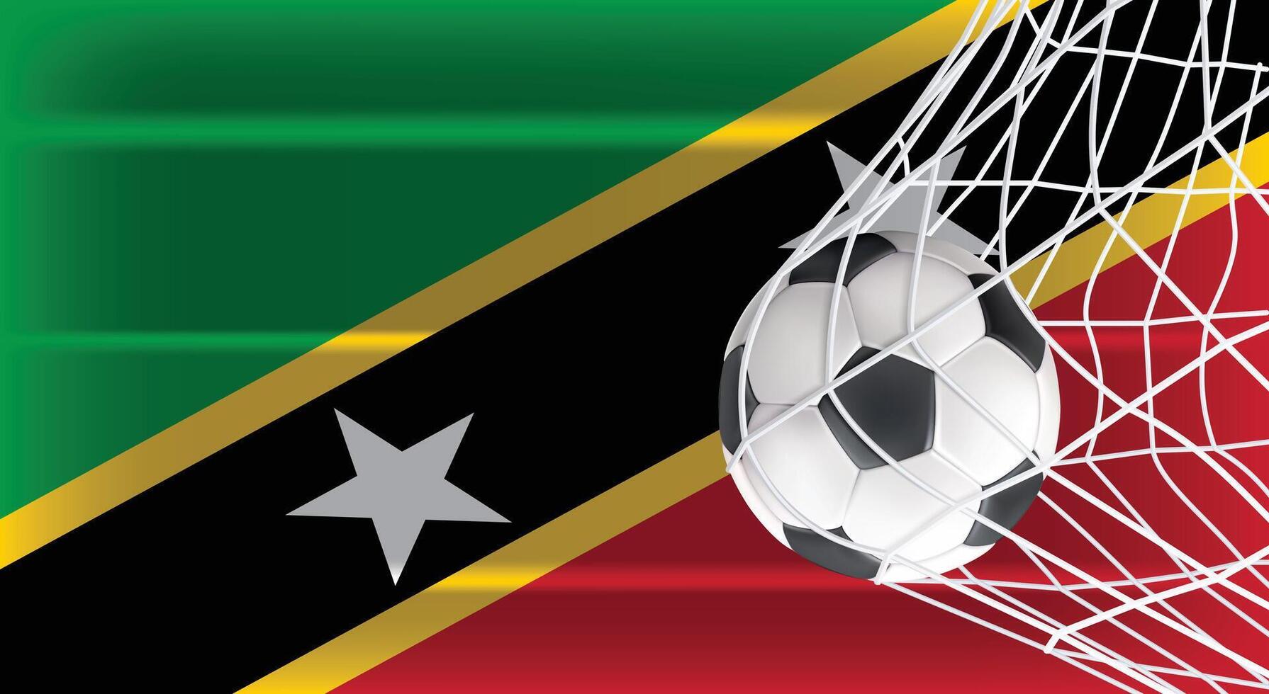 Soccer Football ball in Goal Net Isolated on Saint Kitts and Nevis Shaded Flag, Sports Accessory Equipment for Playing Game, Championship and Competition Design Element Realistic 3D vector