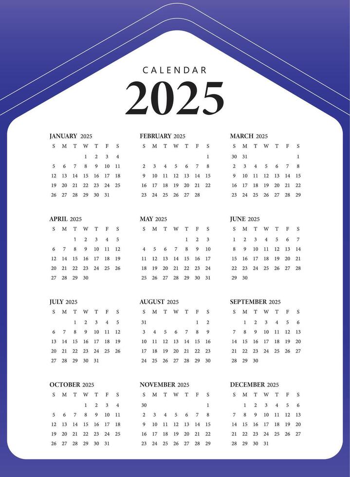 2025 one page calendar design template, simple calendar design for 2025 year. vector