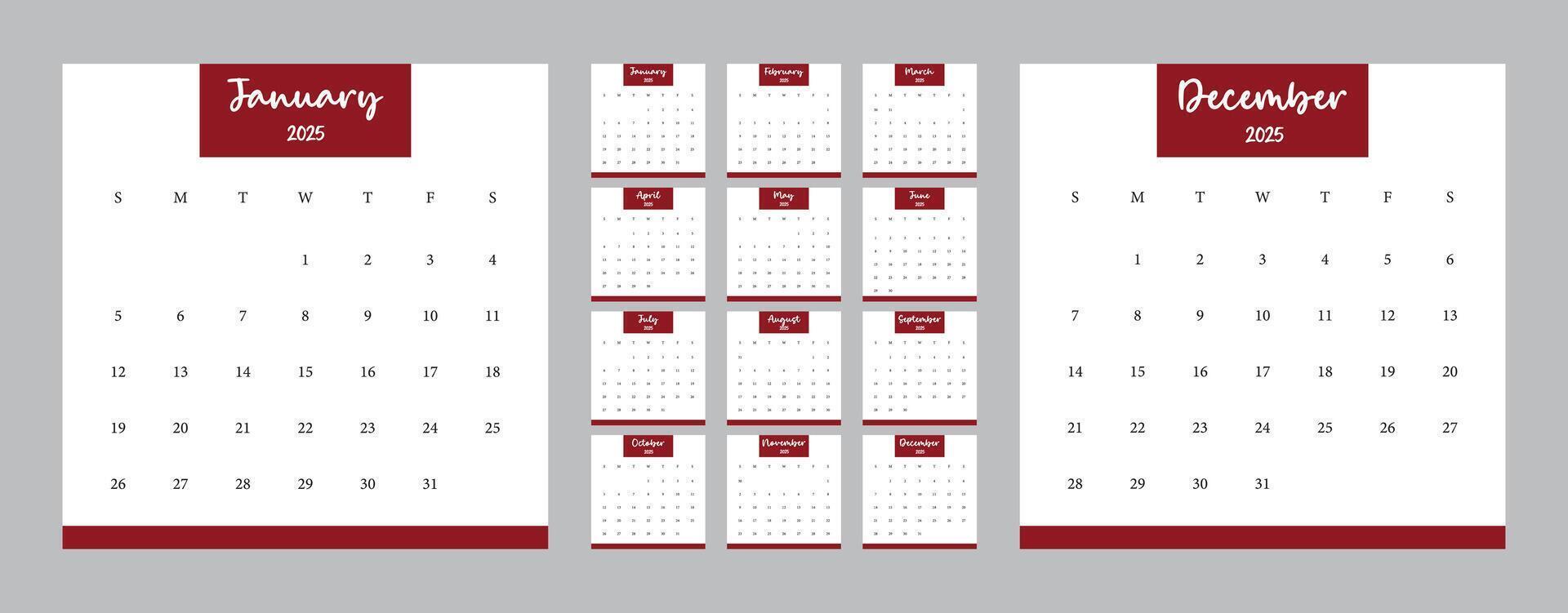 Calendar 2025 planner corporate template design set. Week starts on Sunday. calendar set for 2025 vector
