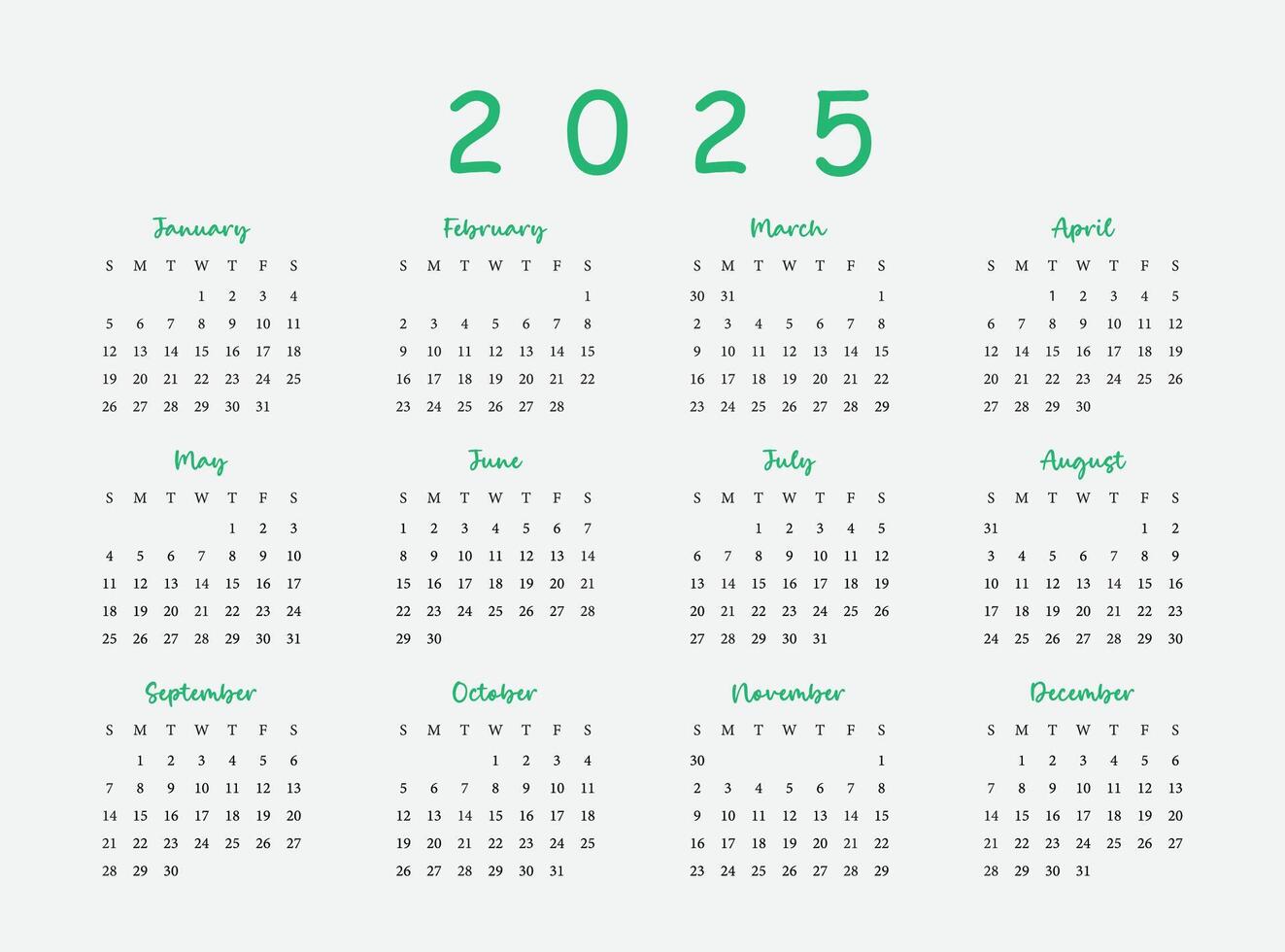 Calendar template 2025 creative minimal business monthly, digital calendar or planner. Week start on Sunday. Simple modern annual calendar layout design element, 2025 calendar set. vector