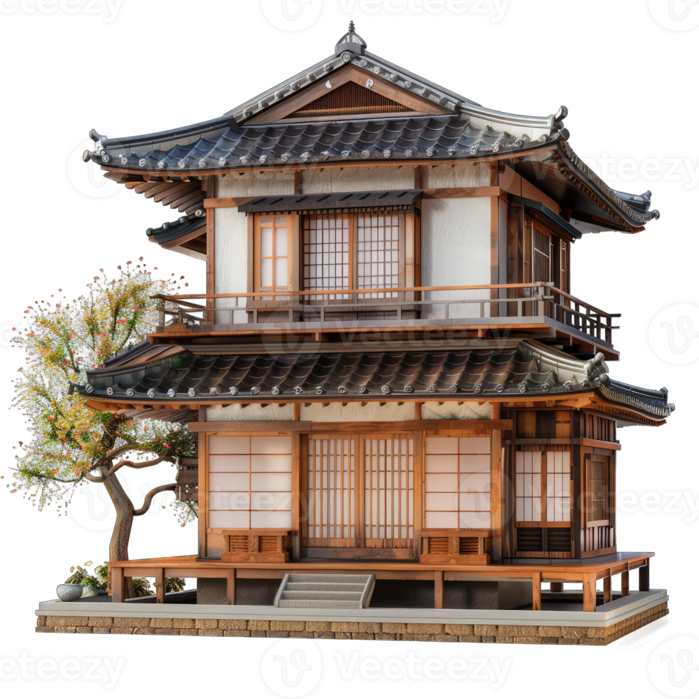 An asian style house with a tree in the background png