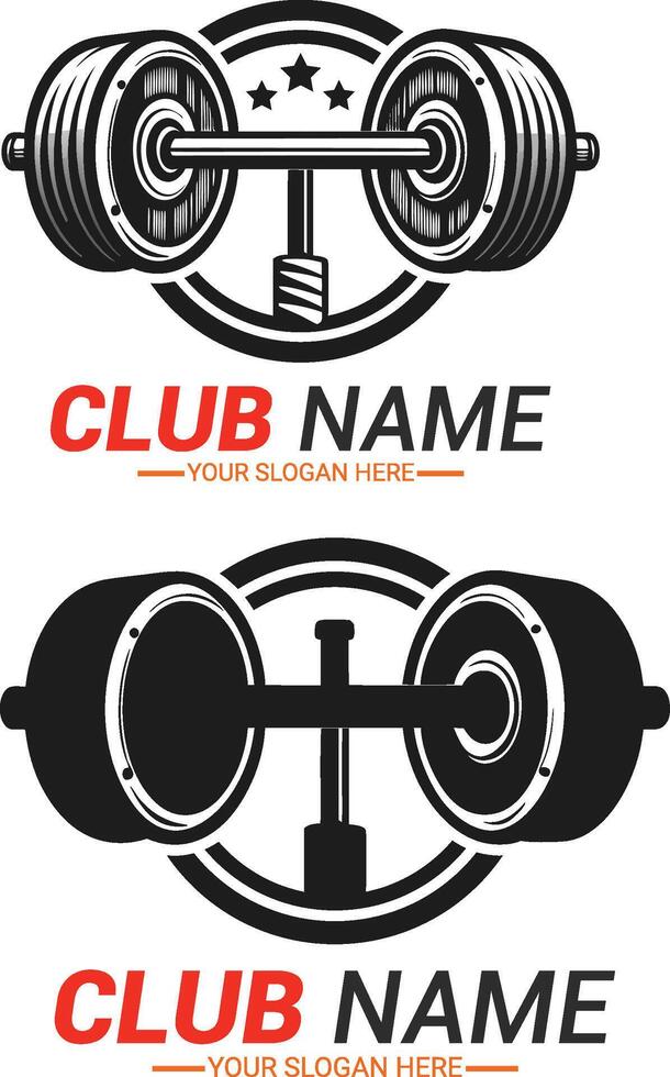 Gym and fitness logo type design with a symbol of with barbell or iron dumbbell illustration silhouette vector