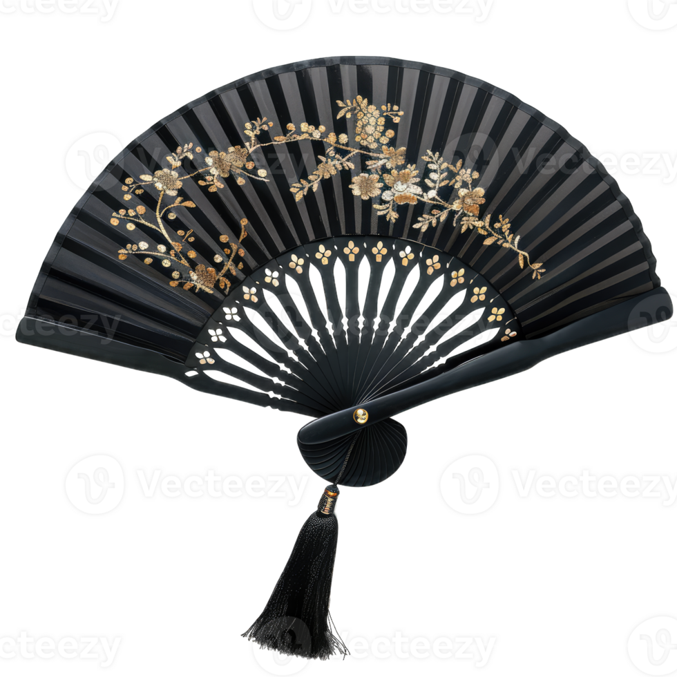 A black and gold fan with a gold leaf design png