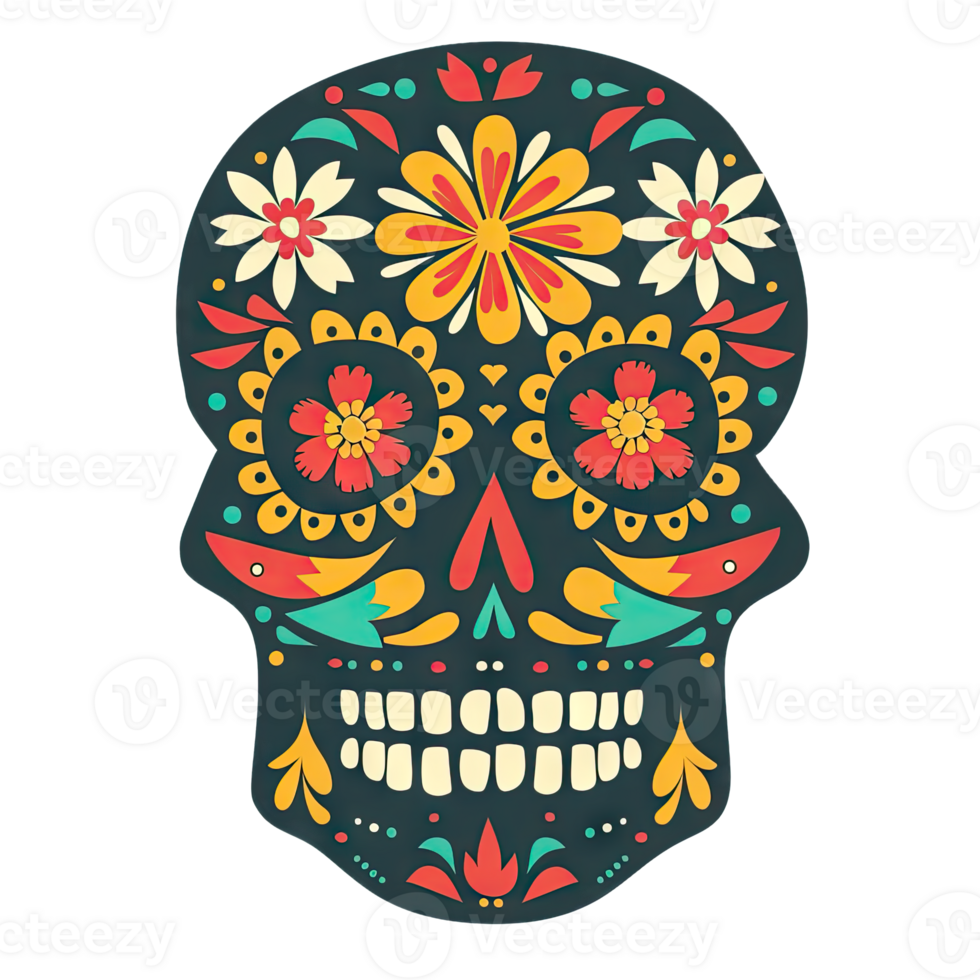 A colorful sugar skull with flowers on it png